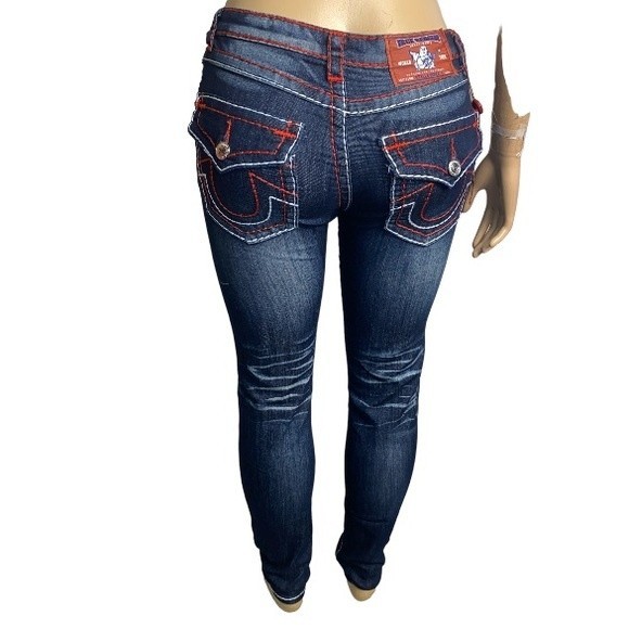 Y2K True religion Jeans Urban Cow Bill Big T Distress Skinny green Blue Size 28 - Picture 11 of 16